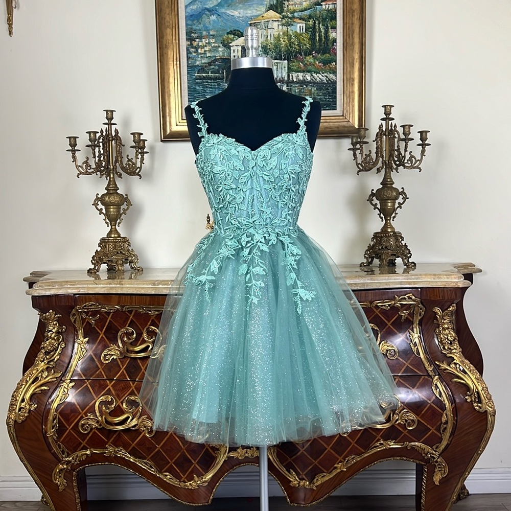 Meier Collection short lace up glitter beaded homecoming prom dress